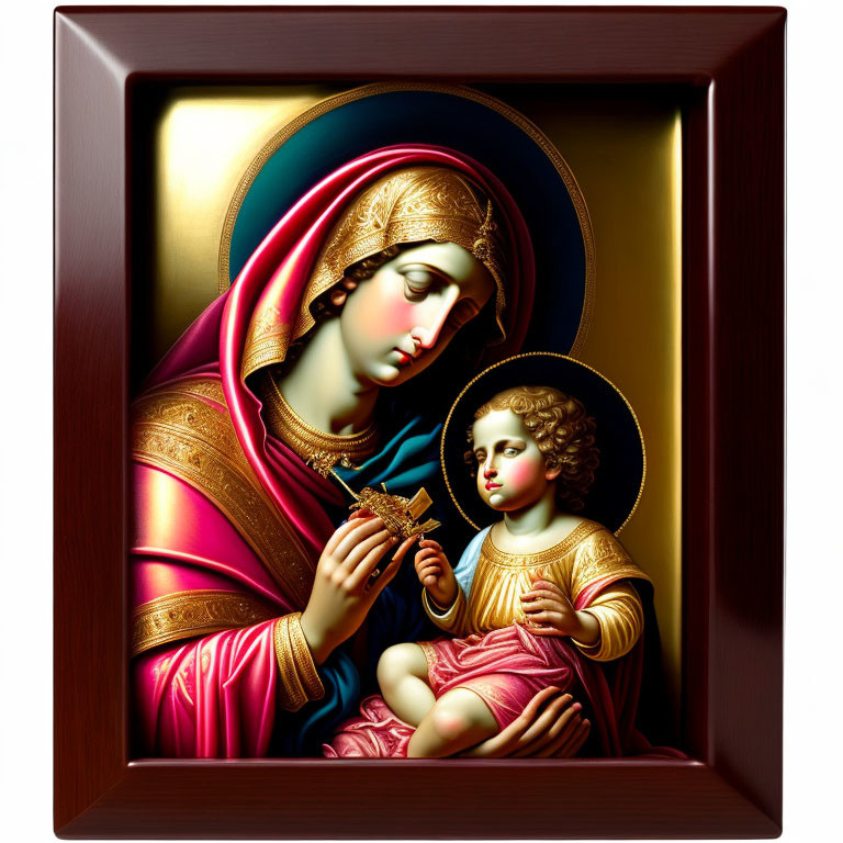 Religious artwork of Virgin Mary and Child Jesus in vibrant colors