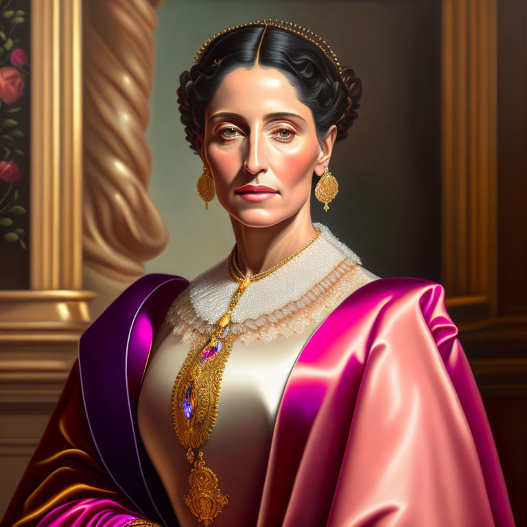 Regal woman in purple and pink dress with gold jewelry against floral backdrop