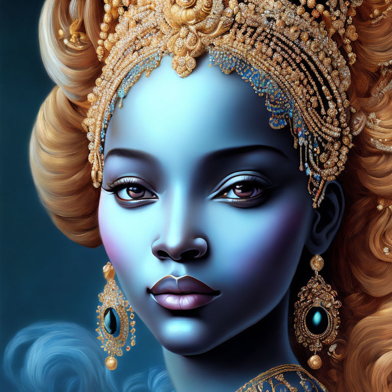 Blue-skinned woman with ornate golden accessories in baroque-style hairdo.