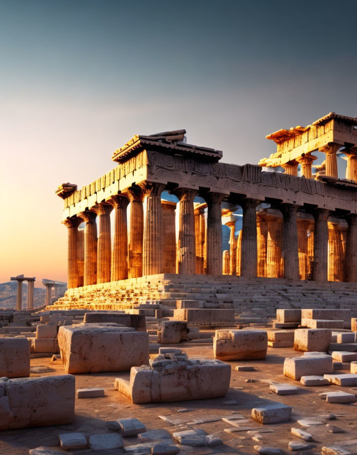 Ancient Parthenon temple at Acropolis of Athens with warm sunset light