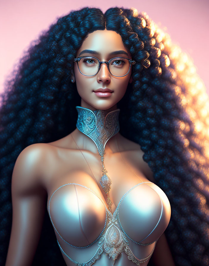 Digital artwork: Woman with long curly hair, glasses, ornate choker on pink background