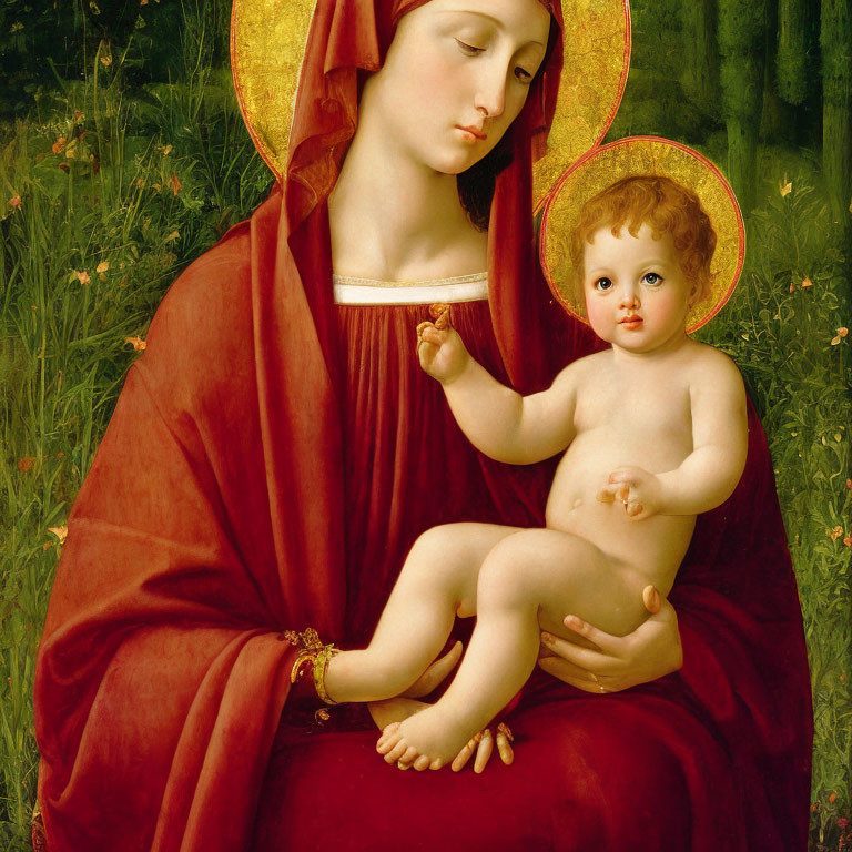 Religious painting of Virgin Mary and baby Jesus in red cloak on green meadow