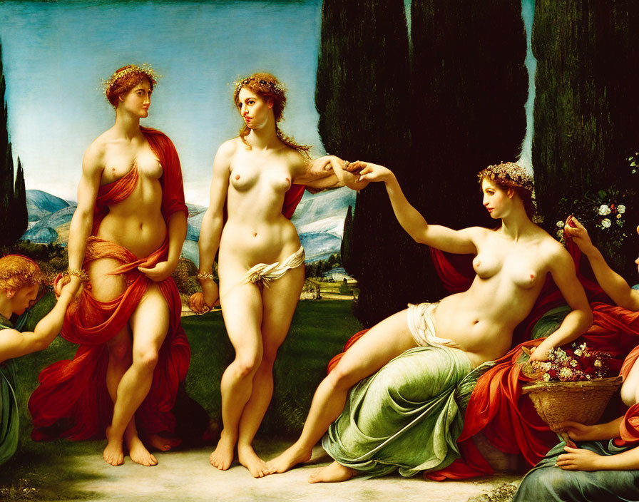 Classical painting of five women in serene landscape