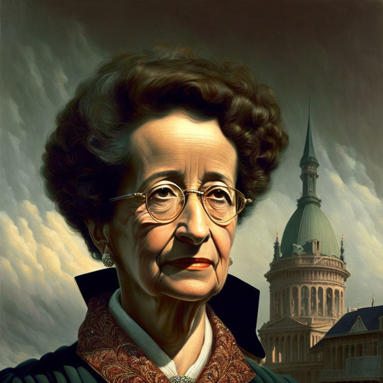 Elderly woman with glasses and serious expression, ornate collar, with domed building.