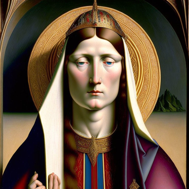 Digitally enhanced painting of solemn female figure with golden halo and crown against dark background.