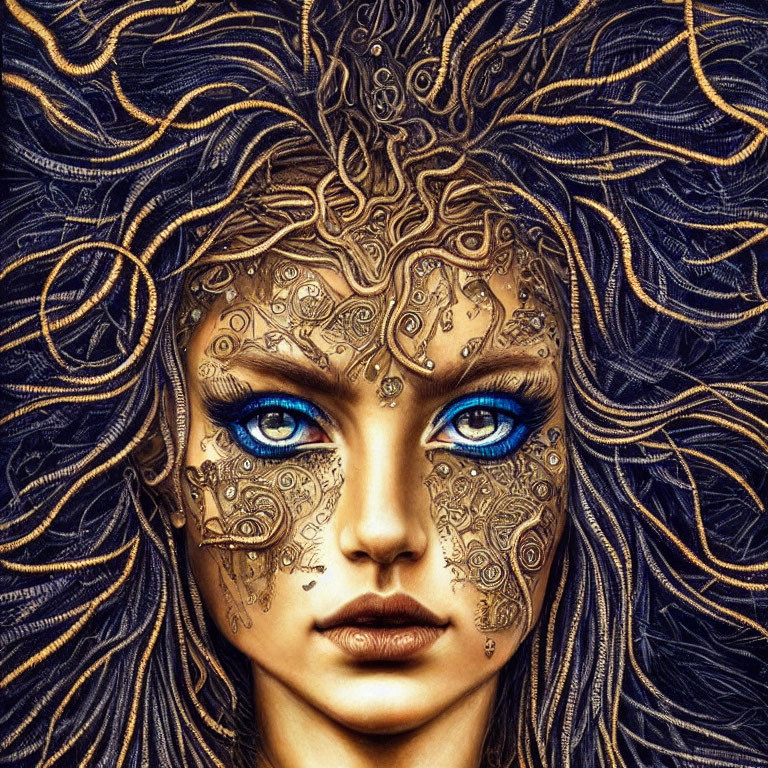 Detailed Artwork of Woman with Blue Eyes and Golden Mechanical Patterns