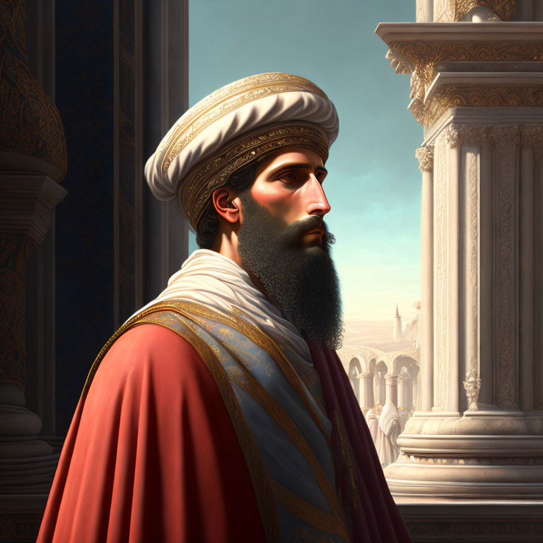 Historically dressed bearded man in turban gazes pensively against ancient backdrop