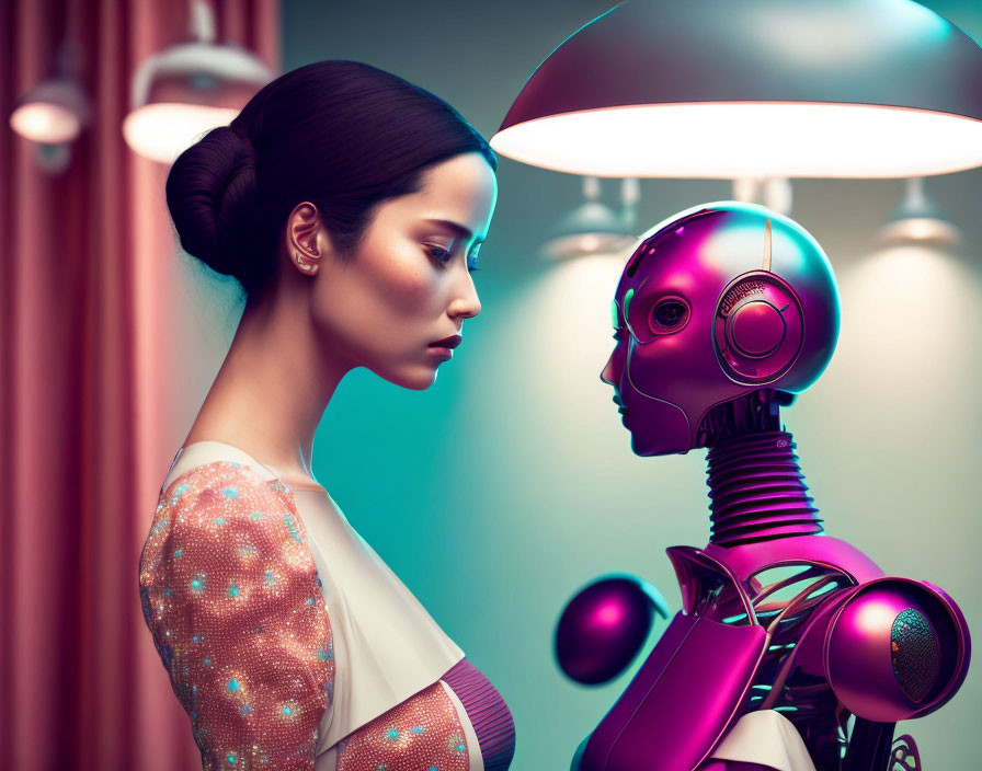 Woman and humanoid robot in intimate embrace under soft light