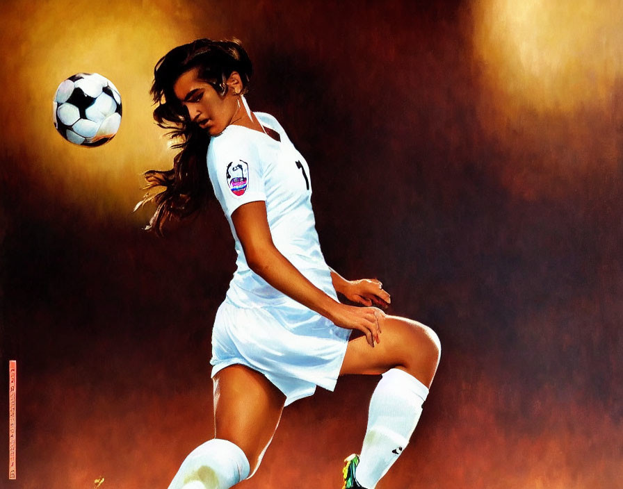 Female soccer player in white kit chest-trapping ball against orange background