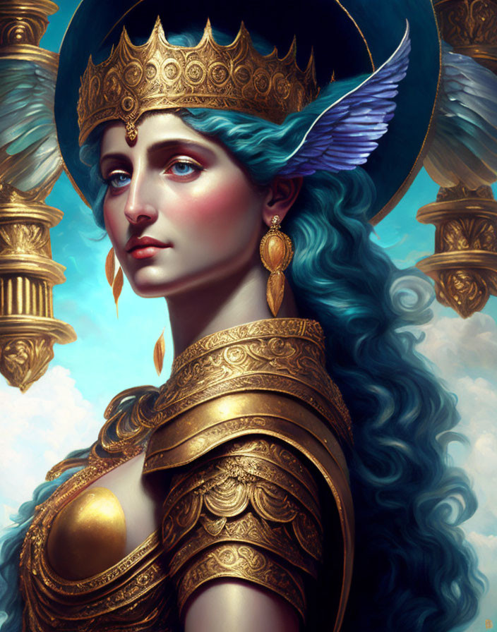Regal Woman in Blue Hair and Golden Armor with Winged Helmet on Sky-Blue Background