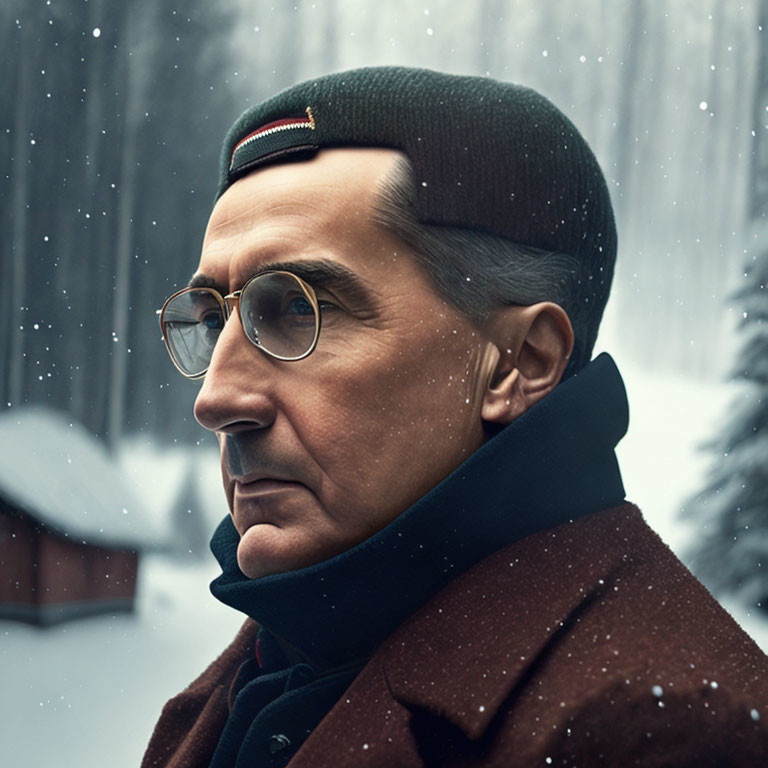 Man in glasses and cap in snowy scene with cabin