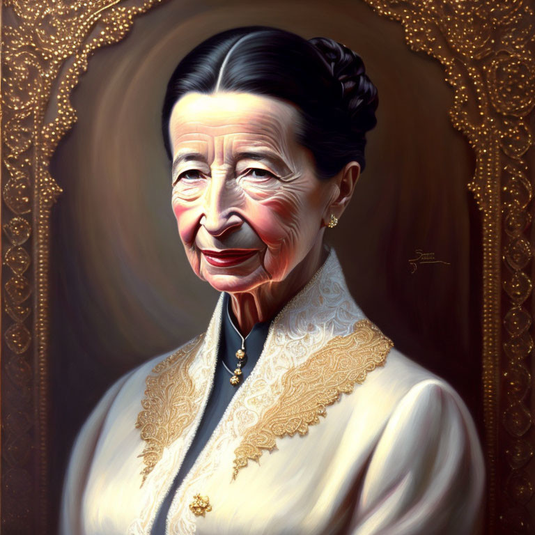 Elderly Woman Portrait in Cream Outfit and Elegant Updo