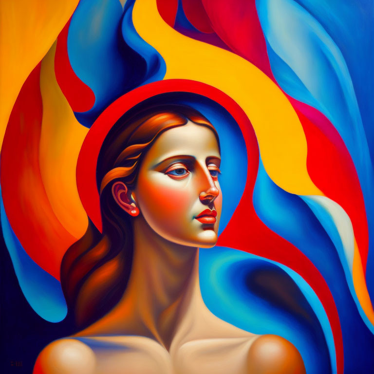 Colorful Abstract Painting of Woman with Flowing Shapes in Red, Blue, and Yellow