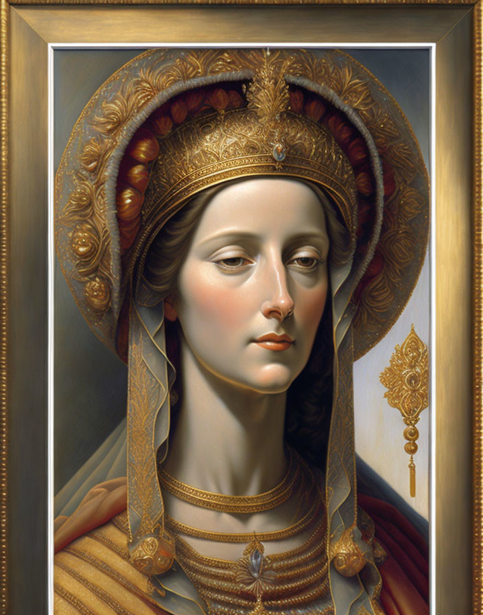 Regal Woman Portrait in Golden Crown & Jewelry, Classical Style