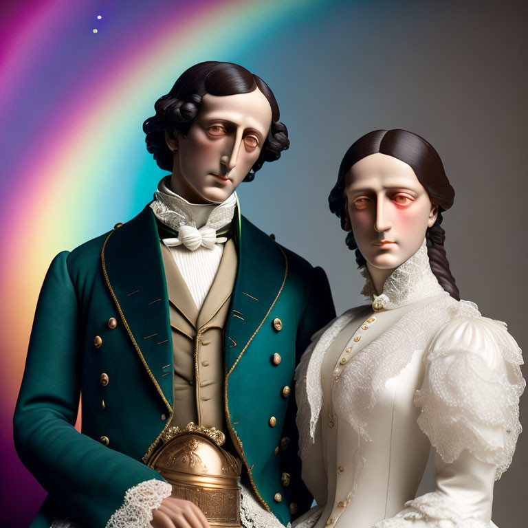 Stylized man and woman figures in historical clothing with aurora backdrop