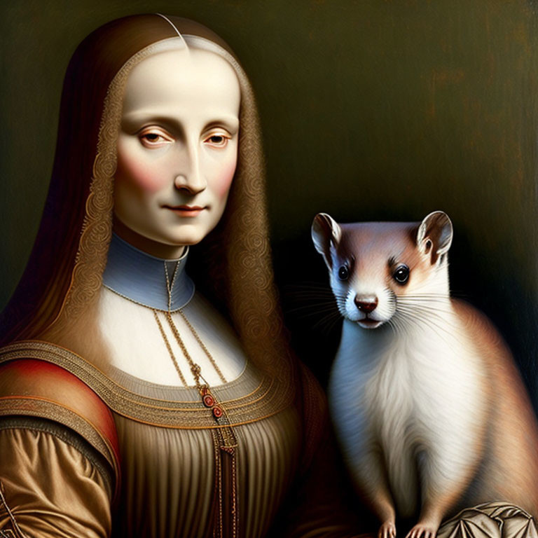 Classic meets modern in digital artwork with Mona Lisa and realistic weasel.