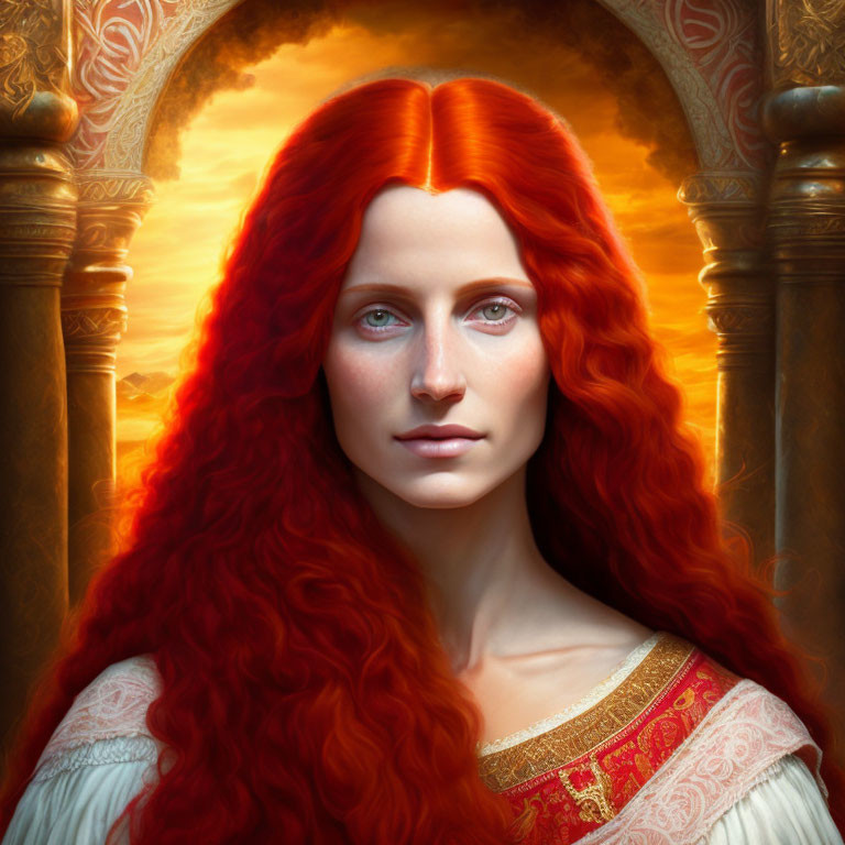 Digital portrait of woman with long red hair and blue eyes in medieval attire against sunset backdrop