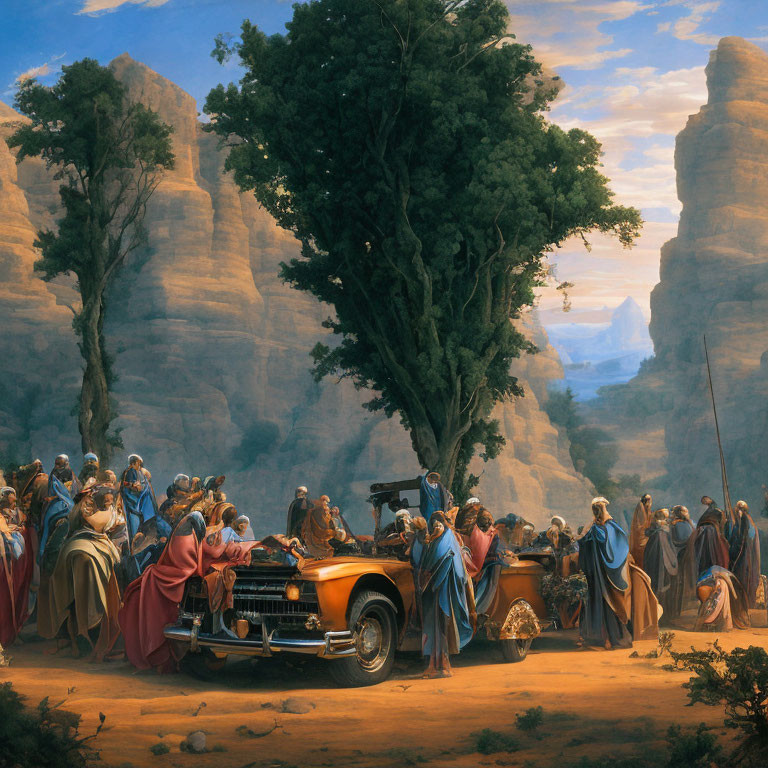 Classical and Modern Elements with Historical Figures and Anachronistic Car in Desert