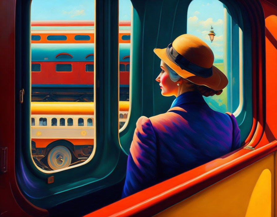 Vintage-clad woman gazes at passing locomotives from train window