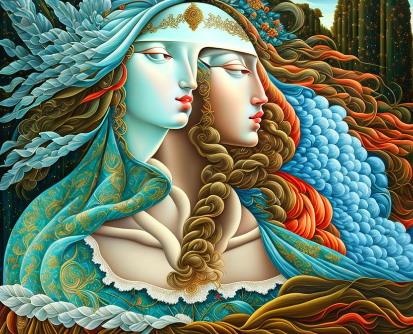 Vibrant illustration of two women with intertwined hair and feathered clothing