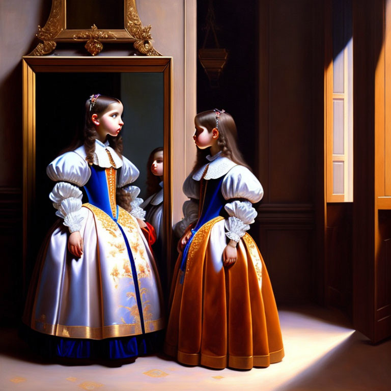 Two girls in historical dresses in opulent room with mirror