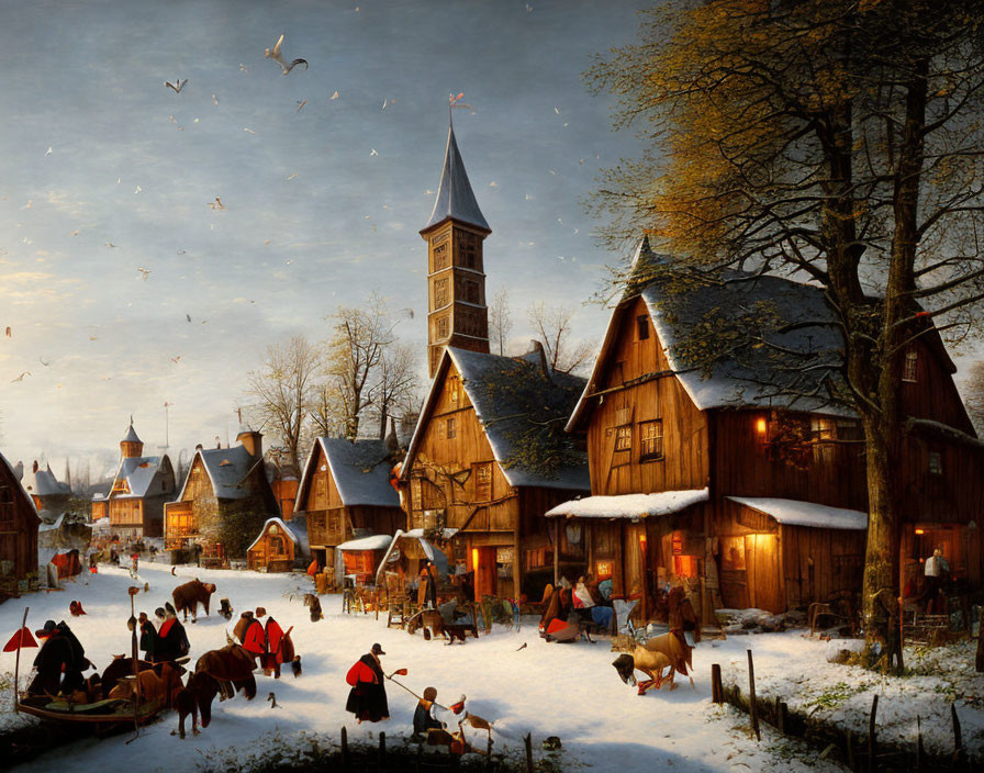 Snowy village scene with horse-drawn carriage, birds, and quaint houses at twilight