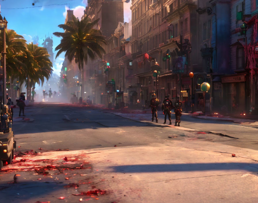 Deserted City Street at Dusk with Figures, Palm Trees, and Mysterious Red Substance