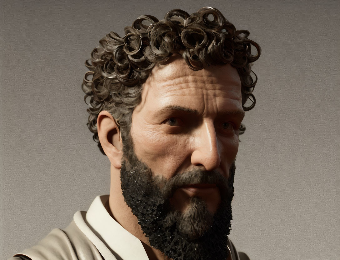 Realistic digital portrait of male figure with curly hair and beard