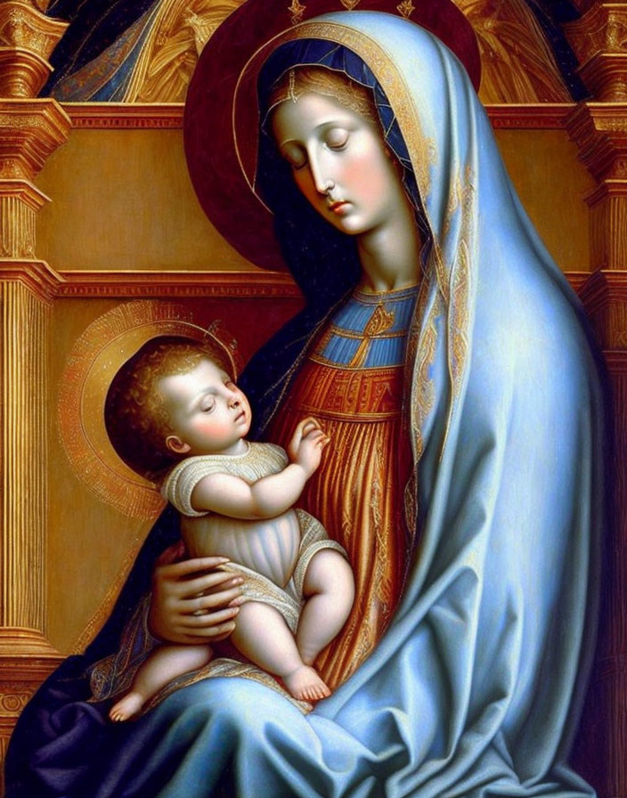 Religious painting of Virgin Mary and infant Jesus with halos and gold detailing