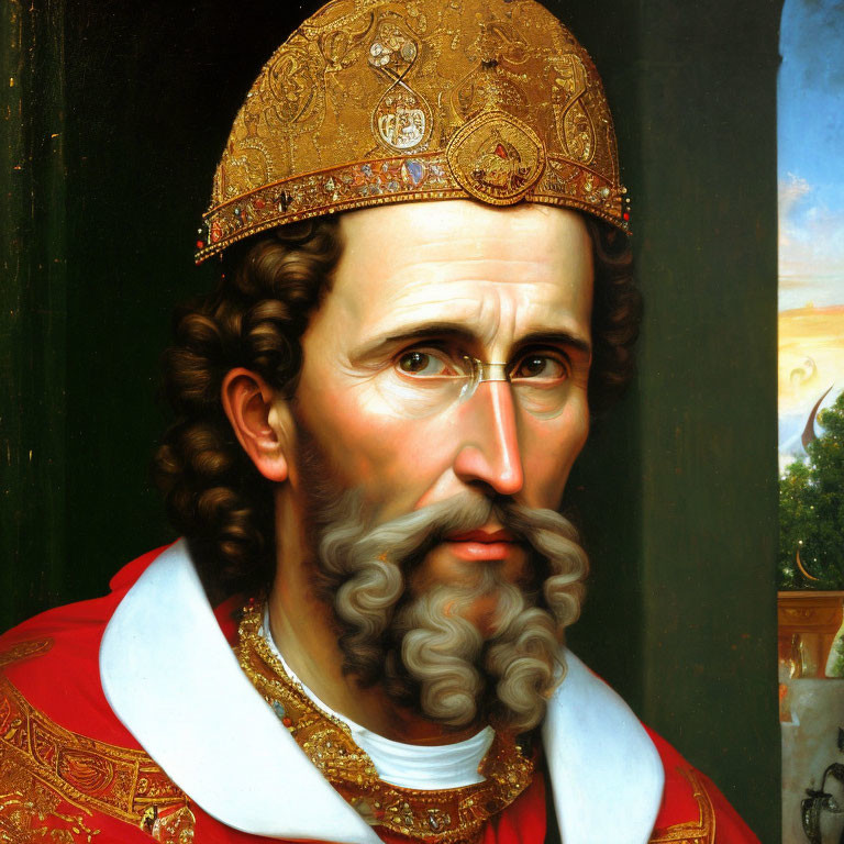 Detailed painting of bearded man in bishop's mitre and red vestments