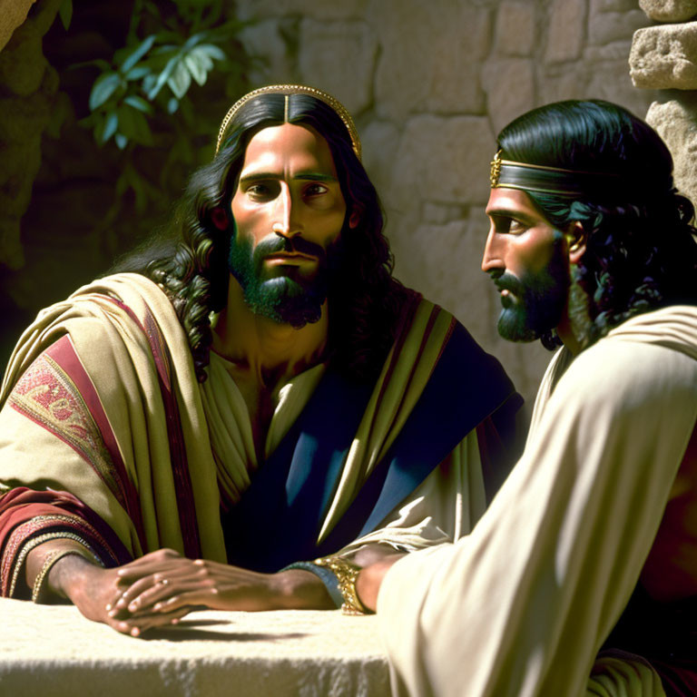 Two men in ancient attire conversing at a stone table in biblical setting.
