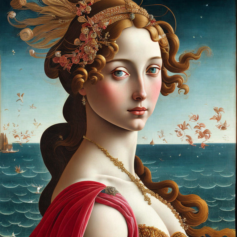 Portrait of young woman with ornate hair and flowers, set against seascape and flying birds