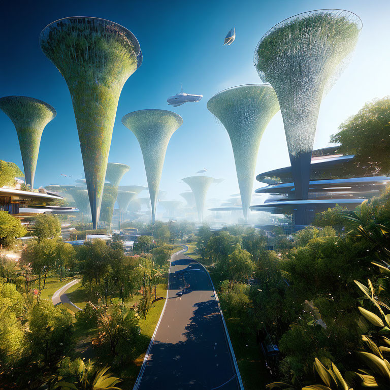 Futuristic cityscape with towering mushroom-like structures and flying vehicles.