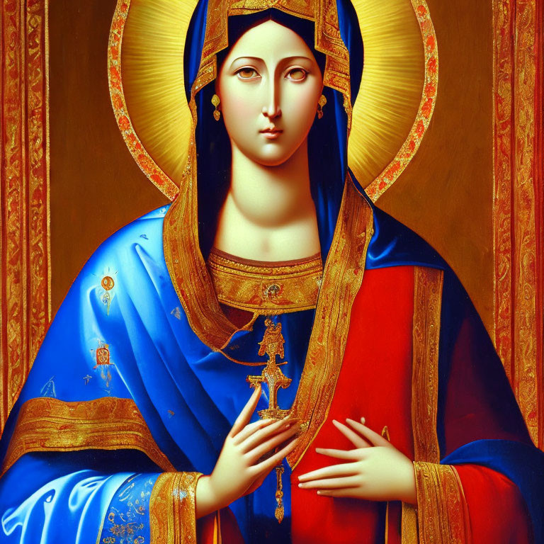 Traditional religious painting of haloed figure in blue and red robe