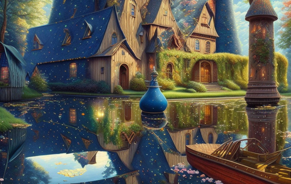 Whimsical house with star patterns, lush greenery, and reflective water surface with boat and vase