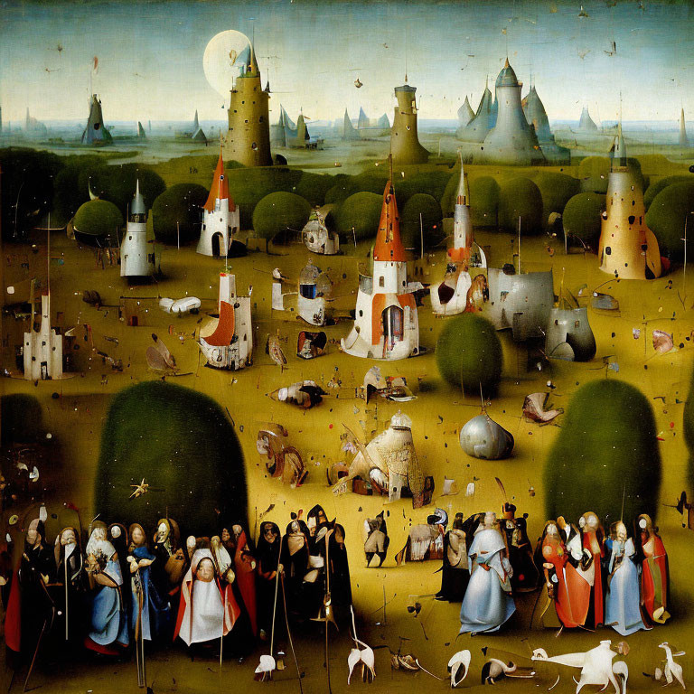 Detailed Oil Painting of Fantastical Landscape with Towers, Spherical Trees, and Hybrid Figures