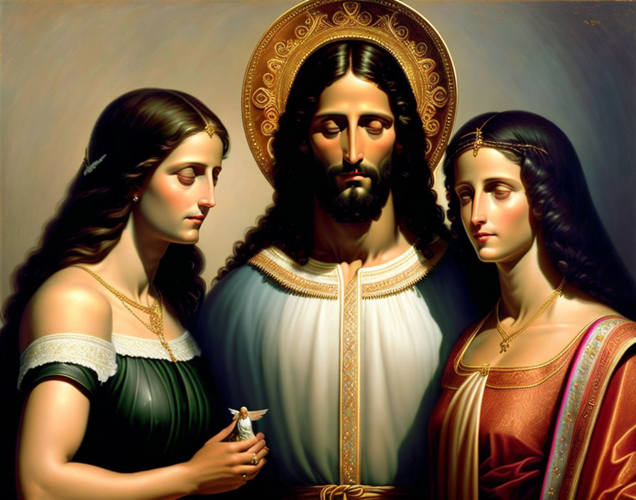 Classic Painting: Man with Halo, Two Women in Ancient Attire