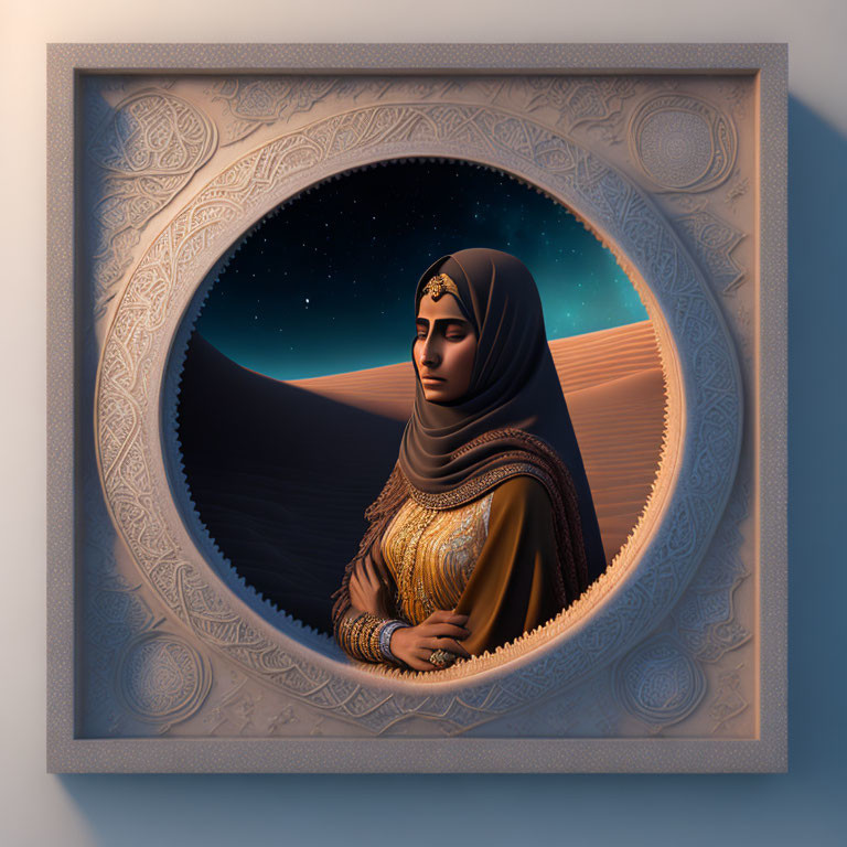 Pensive woman in traditional attire framed by ornate circle, with starry night sky and desert d