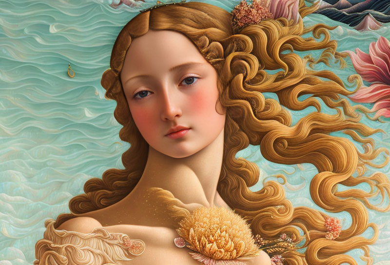Woman with wavy hair and floral adornment floating on tranquil sea