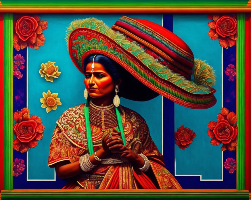 Colorful painting of woman in traditional attire with sombrero against floral backdrop