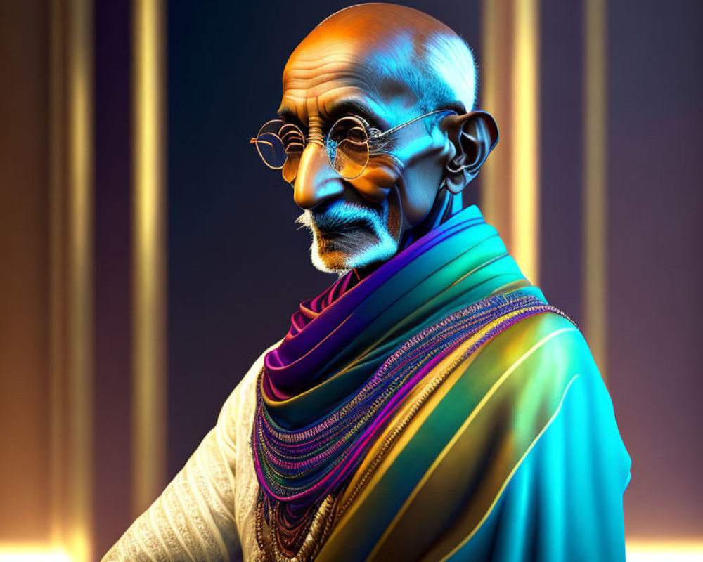 Vividly colored illustration of a man resembling Mahatma Gandhi with round spectacles and contemplative
