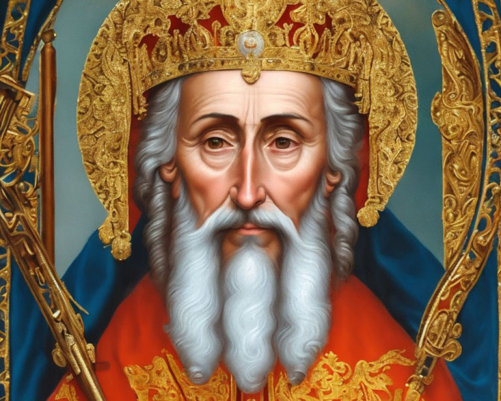 Detailed Portrait of Bearded Figure in Ecclesiastical Attire with Golden Crown