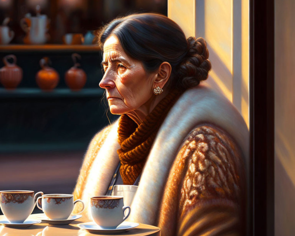 Elderly woman in sweater gazes out cafe window with tea cups