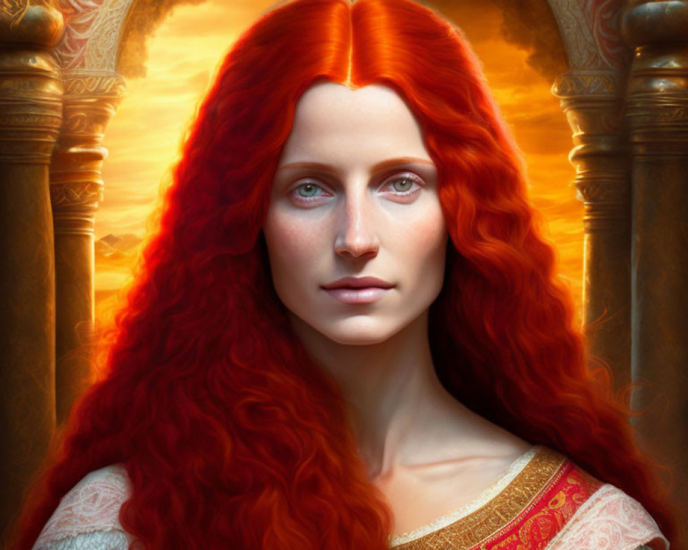 Digital portrait of woman with long red hair and blue eyes in medieval attire against sunset backdrop