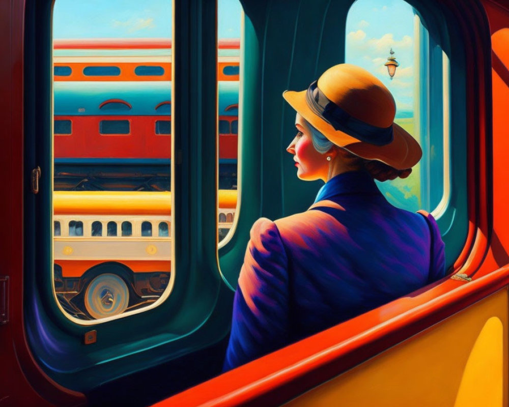 Vintage-clad woman gazes at passing locomotives from train window