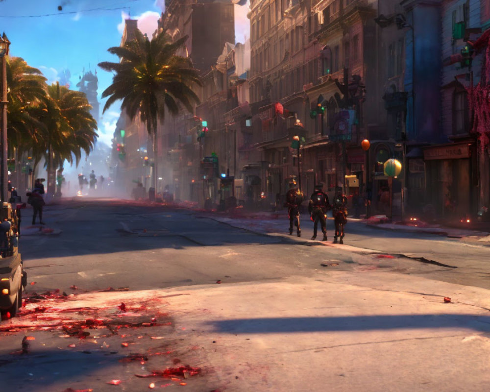 Deserted City Street at Dusk with Figures, Palm Trees, and Mysterious Red Substance