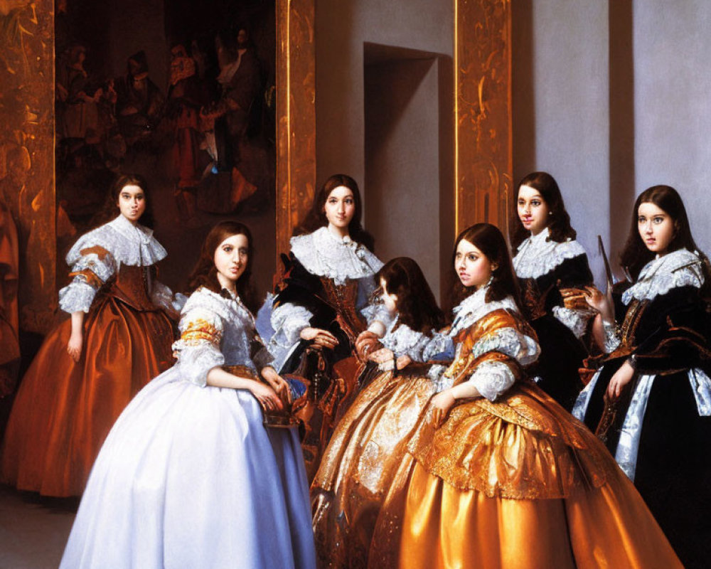 Seven Women in Luxurious Historical Gowns Posing in Elegant Room