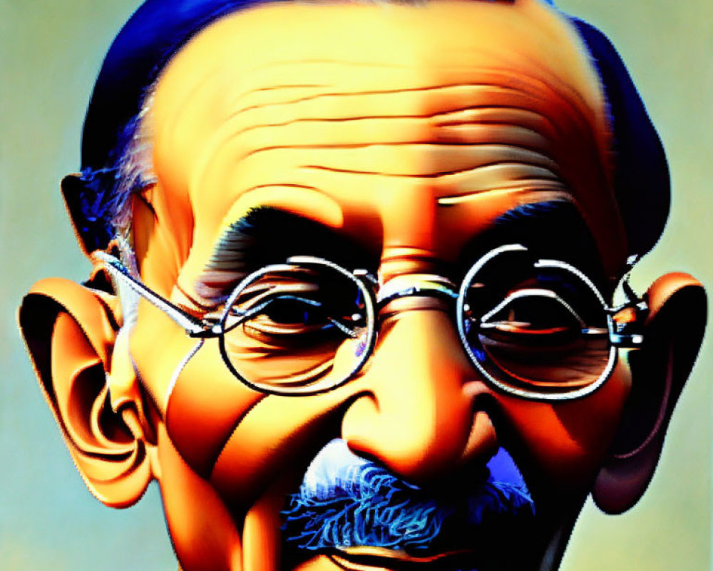 Elderly bald man with glasses and mustache in traditional dhoti caricature.