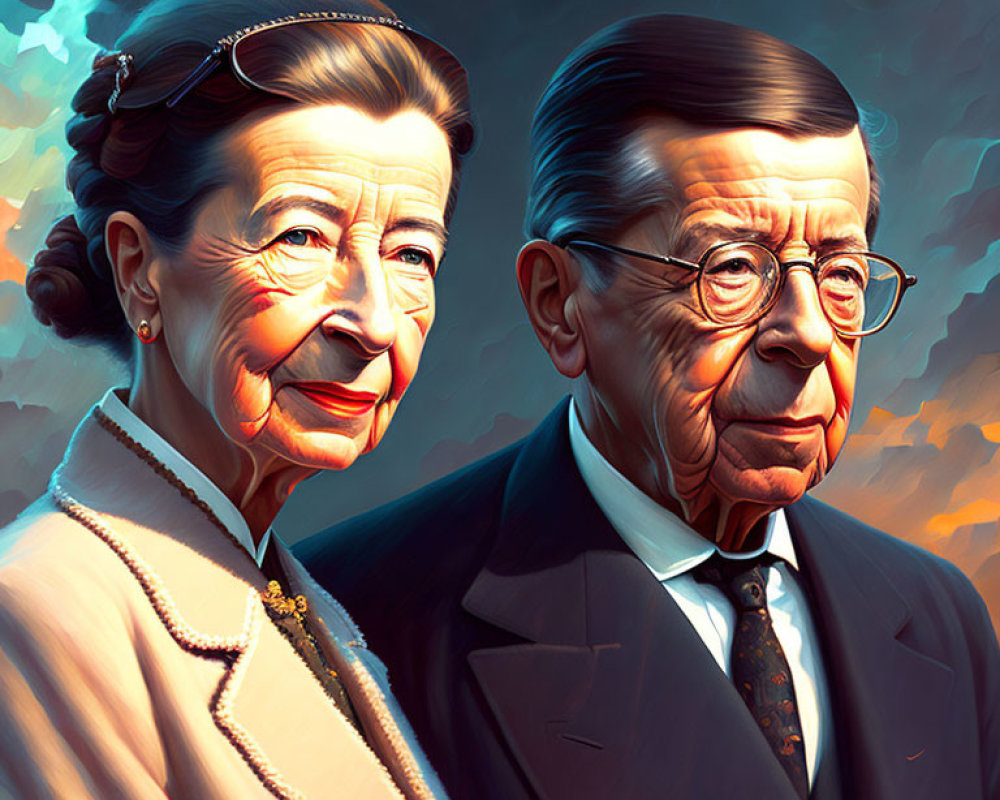 Elderly couple portrait with warm lighting and painted texture