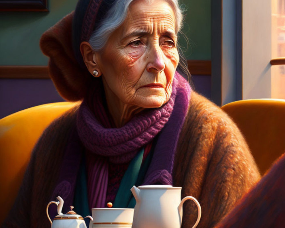 Elderly woman sitting at table with teapot and cup in warm light